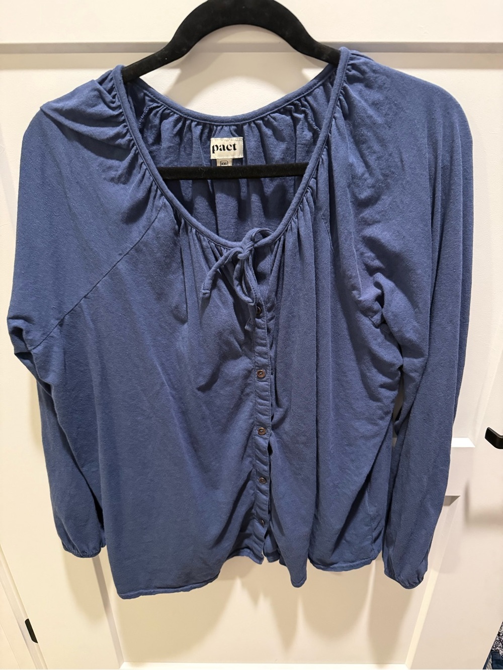 PACT Portside Poet Blouse XXL Blue Organic Cotton Linen Tie Neck Boho